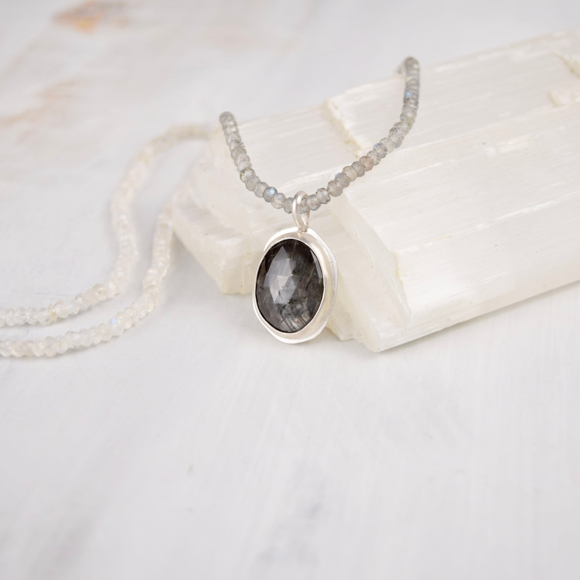 Morning Tide — Grey Sapphire, Ombre Labradorite &amp; Rainbow Moonstone Necklace