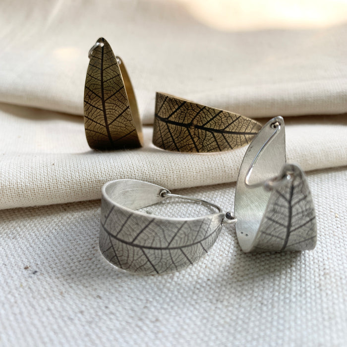 Leaf Hoops: Brass or Sterling Silver
