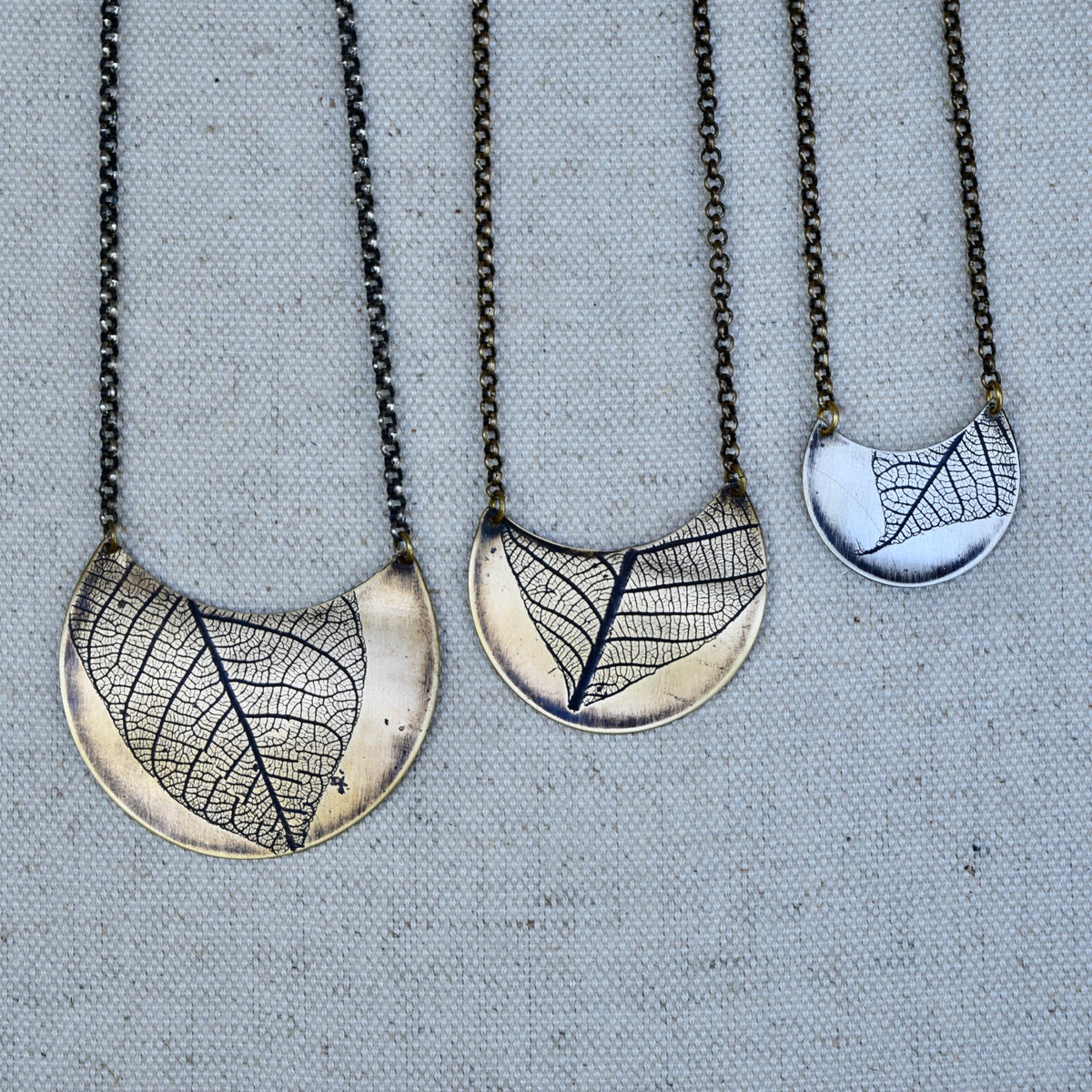 Leaf Crescent Necklace: Sterling Silver or Brass