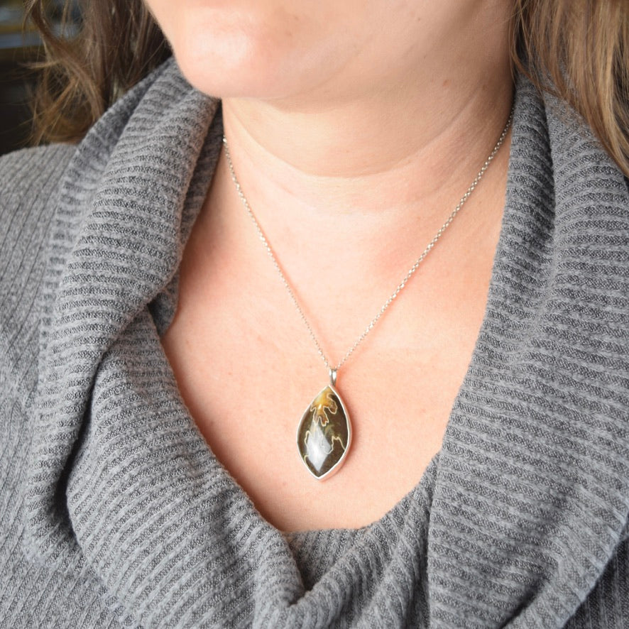 Suture Ammonite Fossil Pendant Necklace | Oak Leaf Pattern | Brown Fossil Jewelry | Handmade Sterling Silver on 18" Sterling Chain