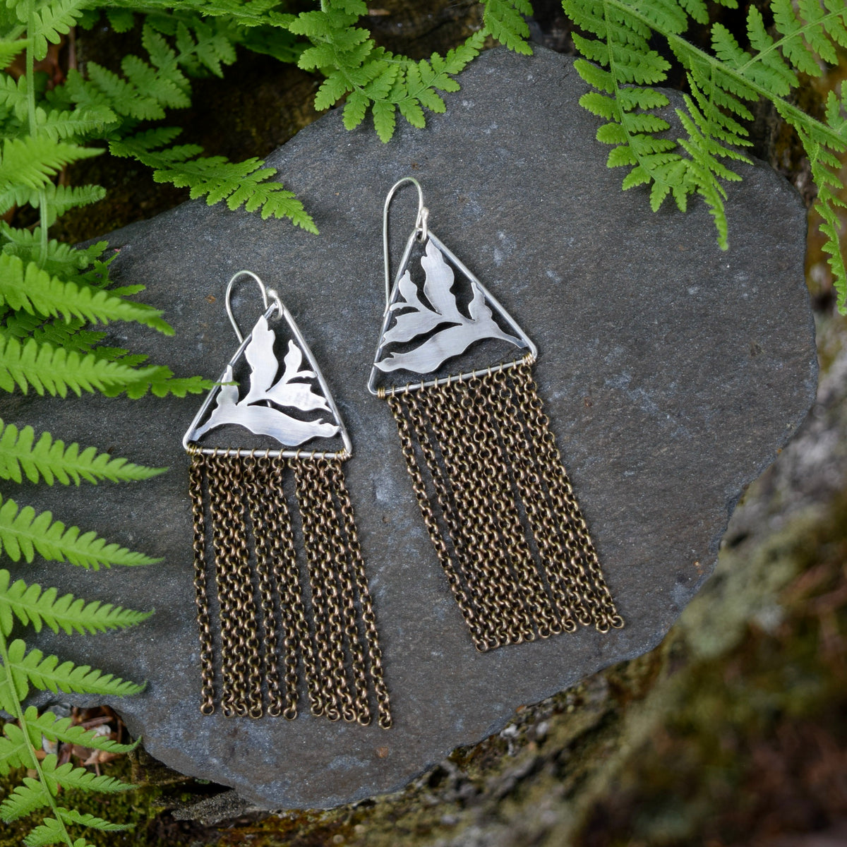 Fern Duster Earrings- Sterling Silver and Brass
