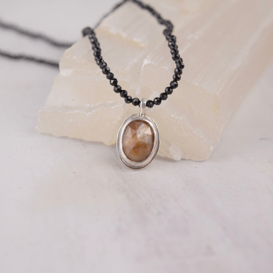 Peach Moonstone Necklace | Black Spinel Beaded Strand on Silk | One of a Kind Gemstone Pendant | Handmade Sterling Silver