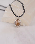 Peach Moonstone Necklace | Black Spinel Beaded Strand on Silk | One of a Kind Gemstone Pendant | Handmade Sterling Silver