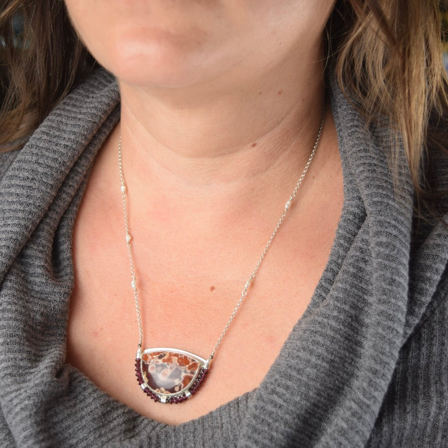 Hornitos Poppy Jasper Necklace | Purple Garnet Saucer Beads | Suspended Gemstone Pendant | One of a Kind | Handmade Sterling Silver
