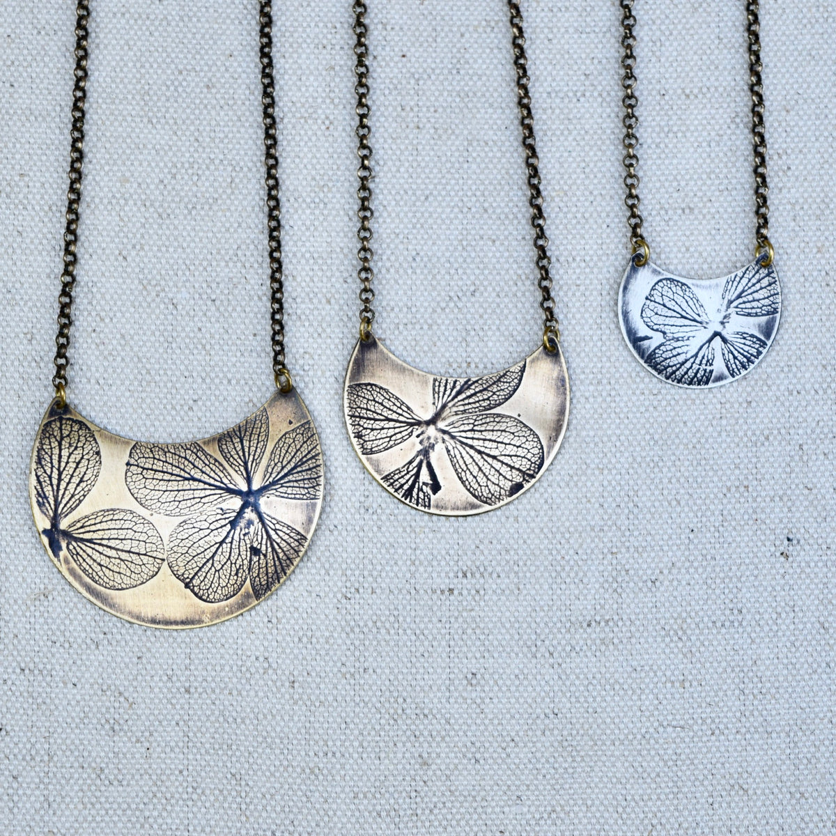 Hydrangea Crescent Necklace: Sterling Silver or Brass