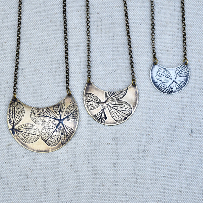 Hydrangea Crescent Necklace: Sterling Silver or Brass