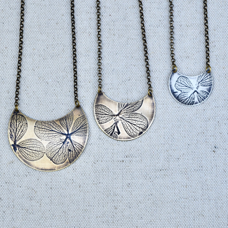 Hydrangea Crescent Necklace: Sterling Silver or Brass