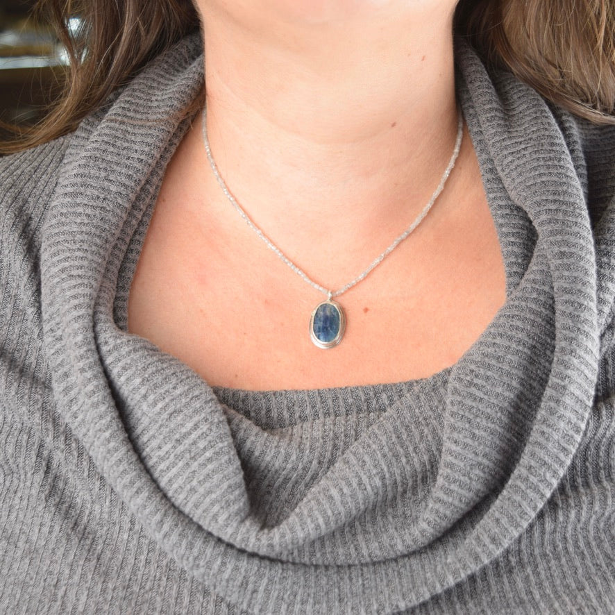 Blue Kyanite Necklace | Oval Gemstone Pendant | Rice Freshwater Pearls | One of a Kind | Handmade Sterling Silver