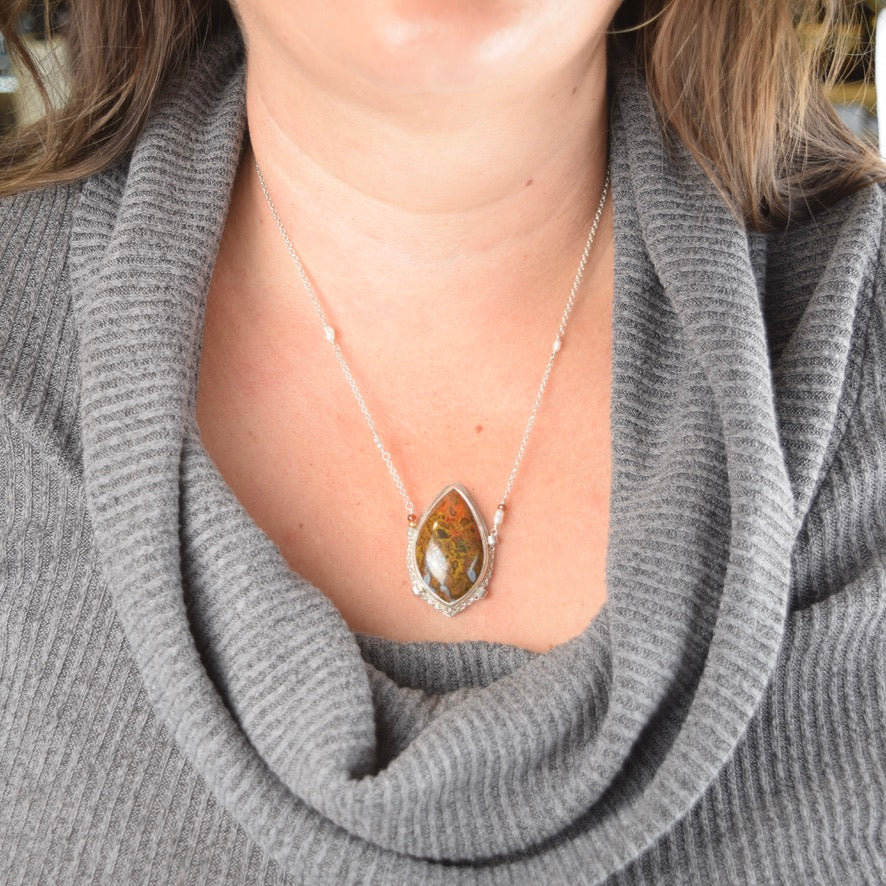 Azrou Moroccan Plume Agate Teardrop Necklace | Rust and Brown Gemstone Pendant | Suspended on Sterling Silver Chain | One of a Kind | Handmade