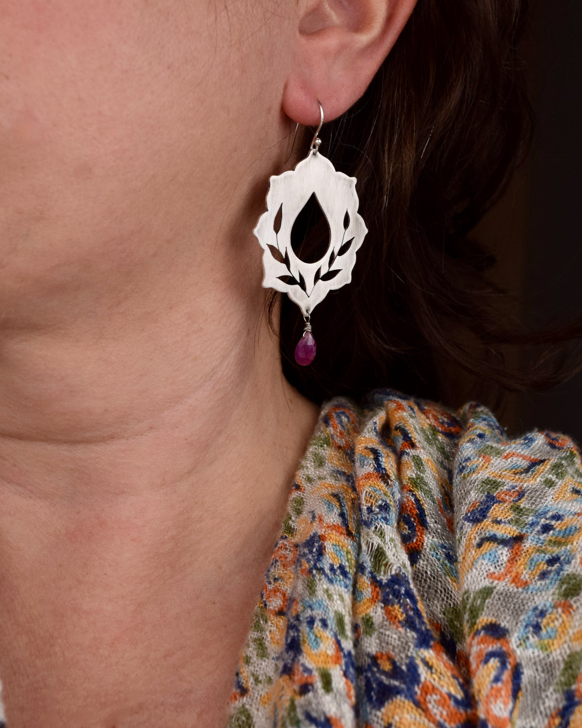 Ride With Me Earrings in Silver with Ruby Drops