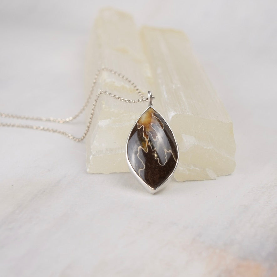 Suture Ammonite Fossil Pendant Necklace | Oak Leaf Pattern | Brown Fossil Jewelry | Handmade Sterling Silver on 18" Sterling Chain