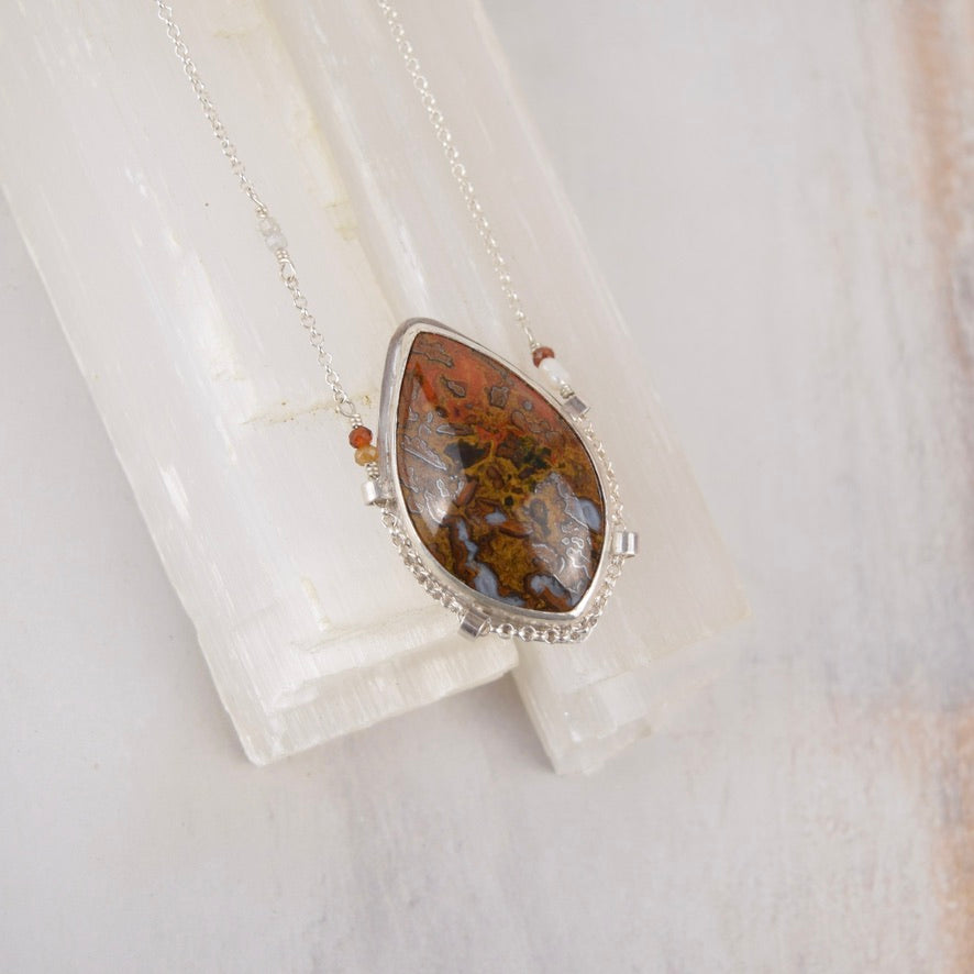 Azrou Moroccan Plume Agate Teardrop Necklace | Rust and Brown Gemstone Pendant | Suspended on Sterling Silver Chain | One of a Kind | Handmade