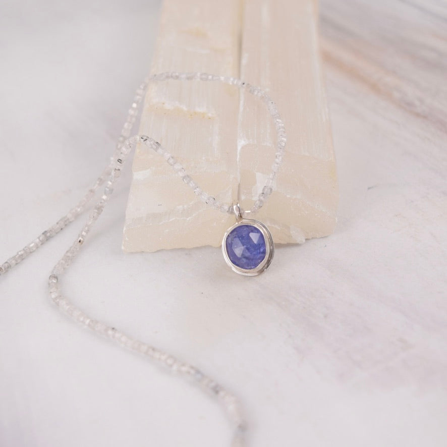 Light Purple Tanzanite Necklace | High Dome Gemstone Pendant | Sparkling Zircon Strand on Silk | One of a Kind | Handmade Sterling Silver