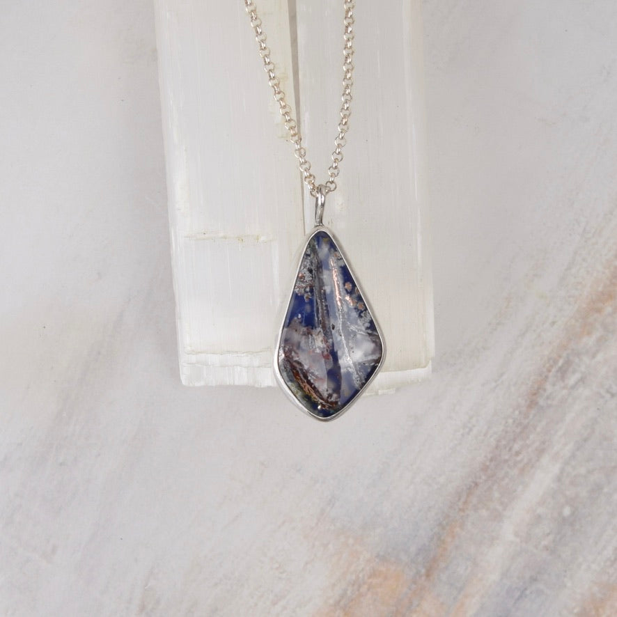 Blue Plume Agate Doublet Necklace | Copper Inclusions | One of a Kind Gemstone Pendant | Handmade Sterling Silver