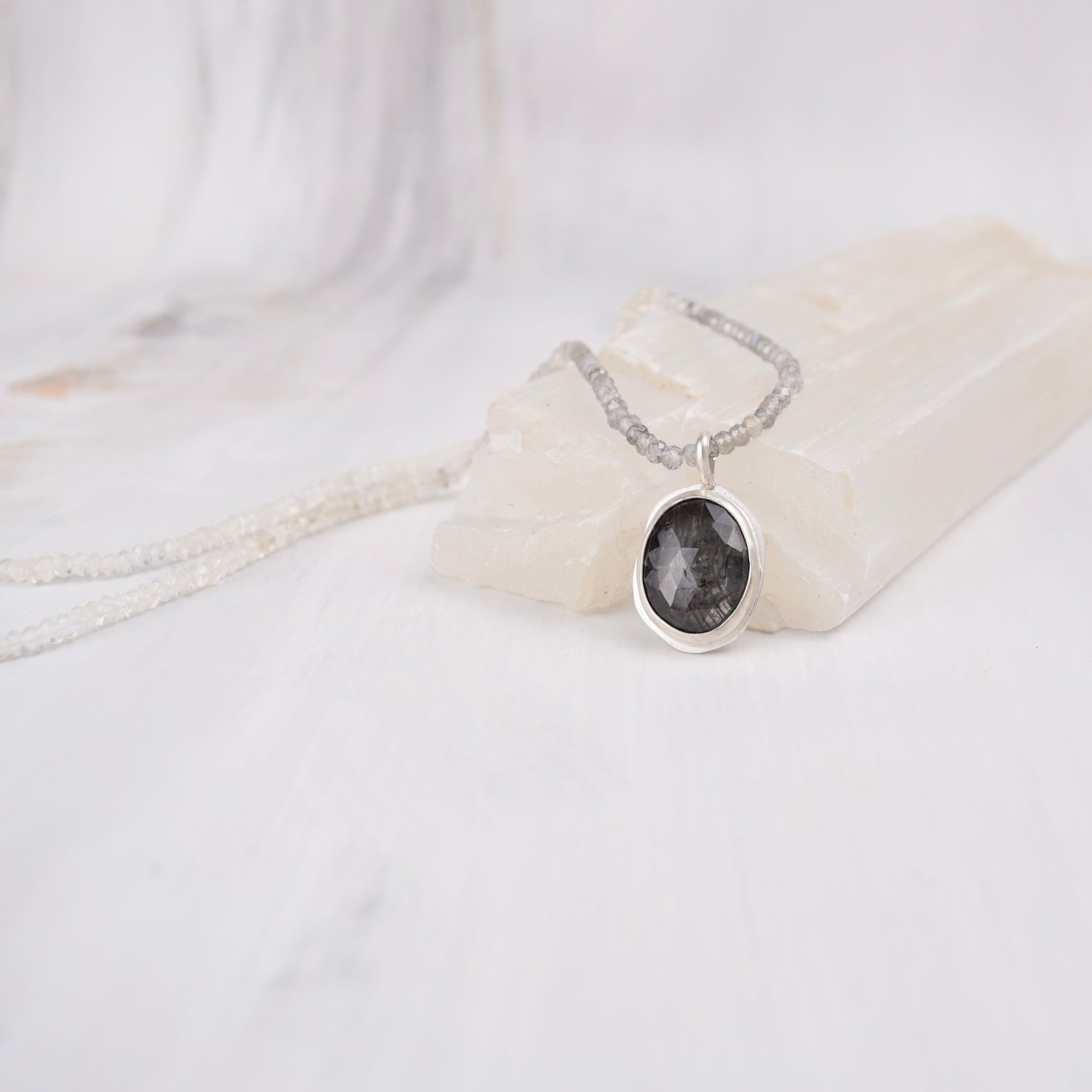 Morning Tide — Grey Sapphire, Ombre Labradorite &amp; Rainbow Moonstone Necklace
