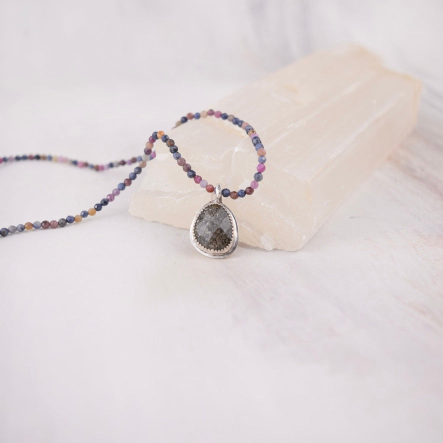 Specular Hematite Necklace | Ruby and Sapphire Beads on Silk | One of a Kind Gemstone Pendant | Handmade Sterling Silver