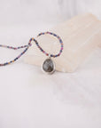 Specular Hematite Necklace | Ruby and Sapphire Beads on Silk | One of a Kind Gemstone Pendant | Handmade Sterling Silver