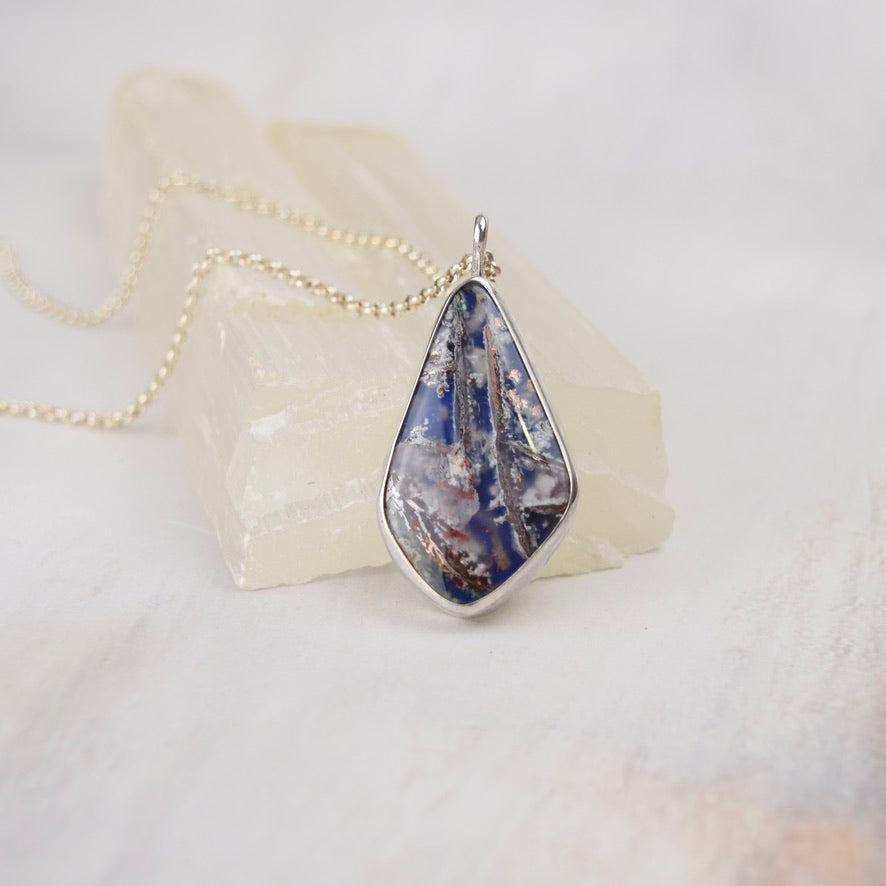 Blue Plume Agate Doublet Necklace | Copper Inclusions | One of a Kind Gemstone Pendant | Handmade Sterling Silver