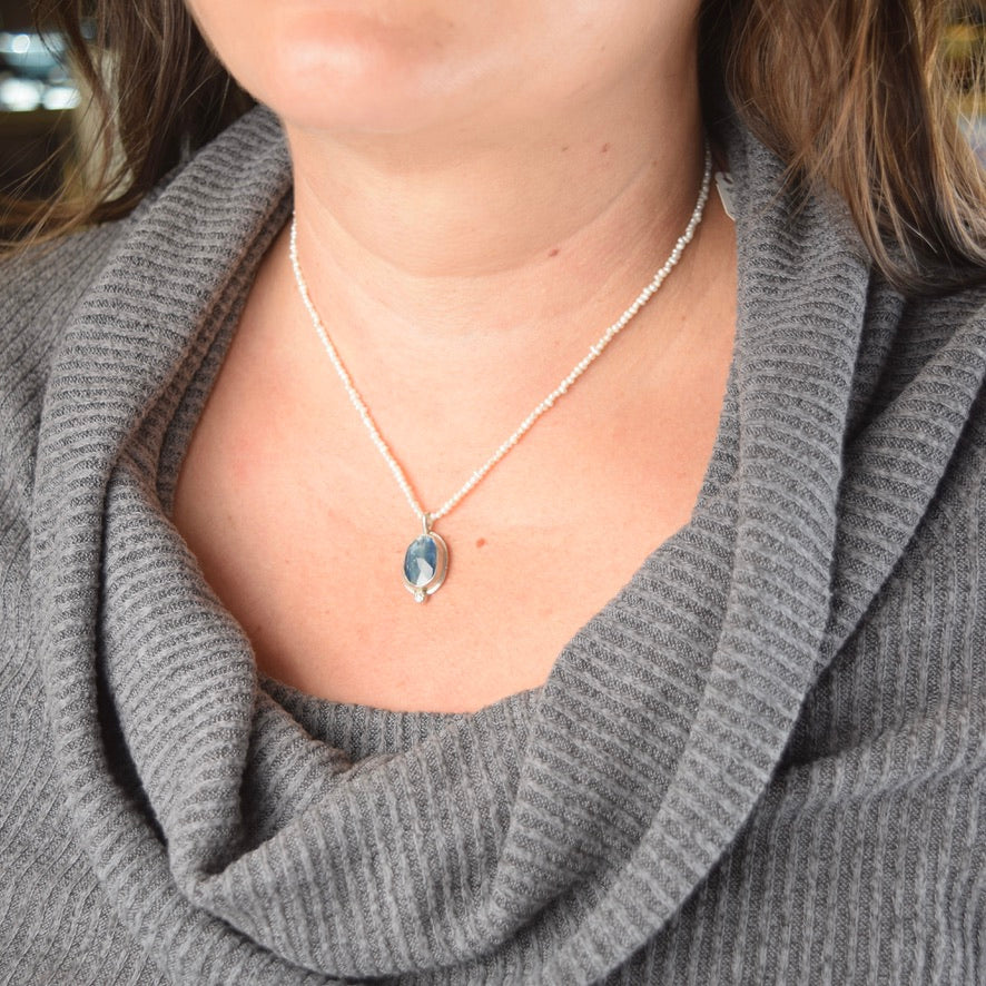 Blue Kyanite Necklace | Oval Gemstone Pendant | Rice Freshwater Pearls | One of a Kind | Handmade Sterling Silver
