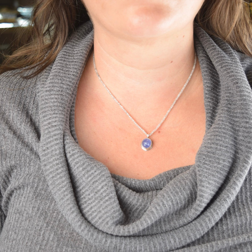 Light Purple Tanzanite Necklace | High Dome Gemstone Pendant | Sparkling Zircon Strand on Silk | One of a Kind | Handmade Sterling Silver