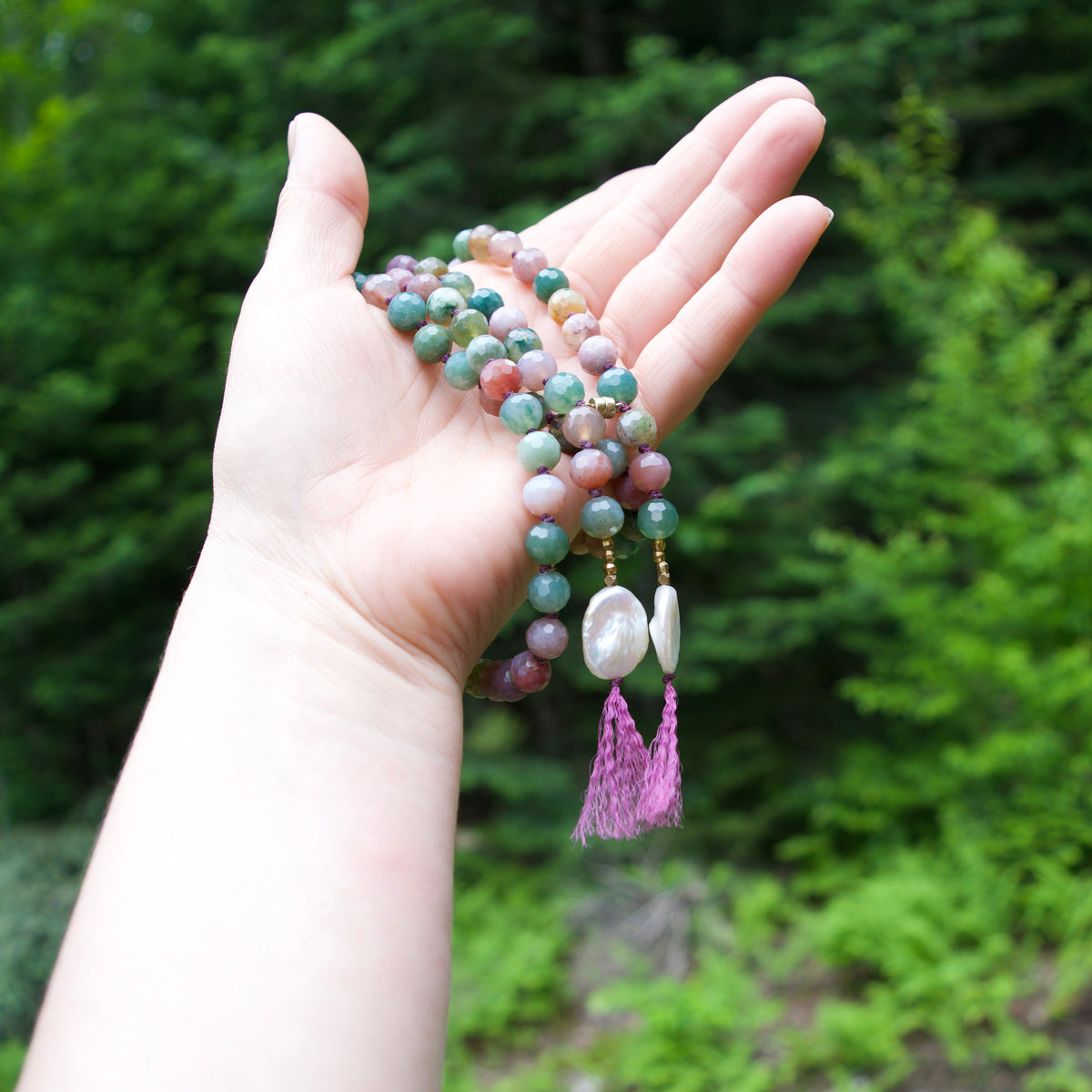 One of a Kind Fancy Jasper Mandala Necklace | Hand Knotted Long Beaded Necklace with Pearl Tassel
