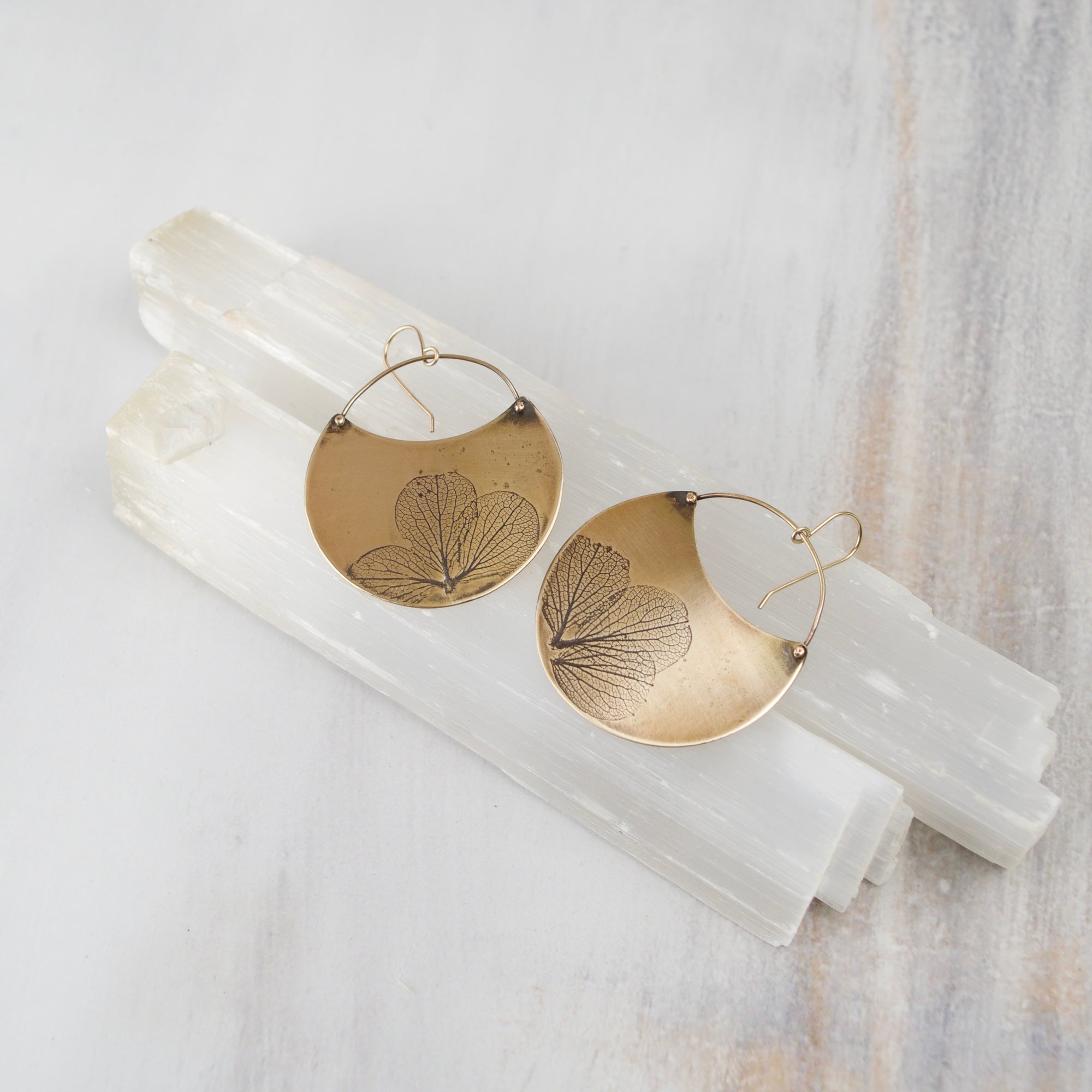 Hydrangea Crescent Earrings | Botanical Flower Impression | Handmade Sterling Silver or Brass Dangle Earrings