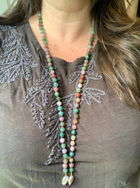 One of a Kind Fancy Jasper Mandala Necklace | Hand Knotted Long Beaded Necklace with Pearl Tassel