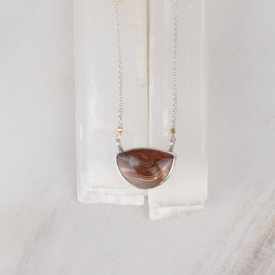 Laguna Lace Agate Necklace | Faceted Brass Beads | One of a Kind Gemstone Pendant | Handmade Sterling Silver