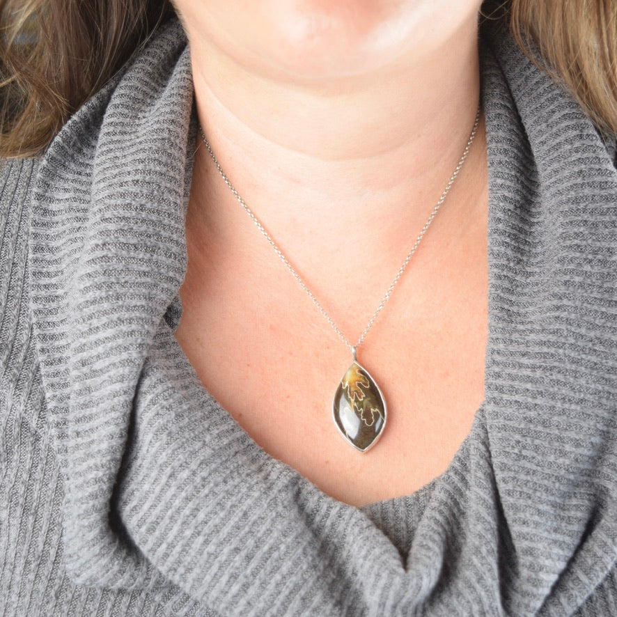 Suture Ammonite Fossil Pendant Necklace | Oak Leaf Pattern | Brown Fossil Jewelry | Handmade Sterling Silver on 18" Sterling Chain