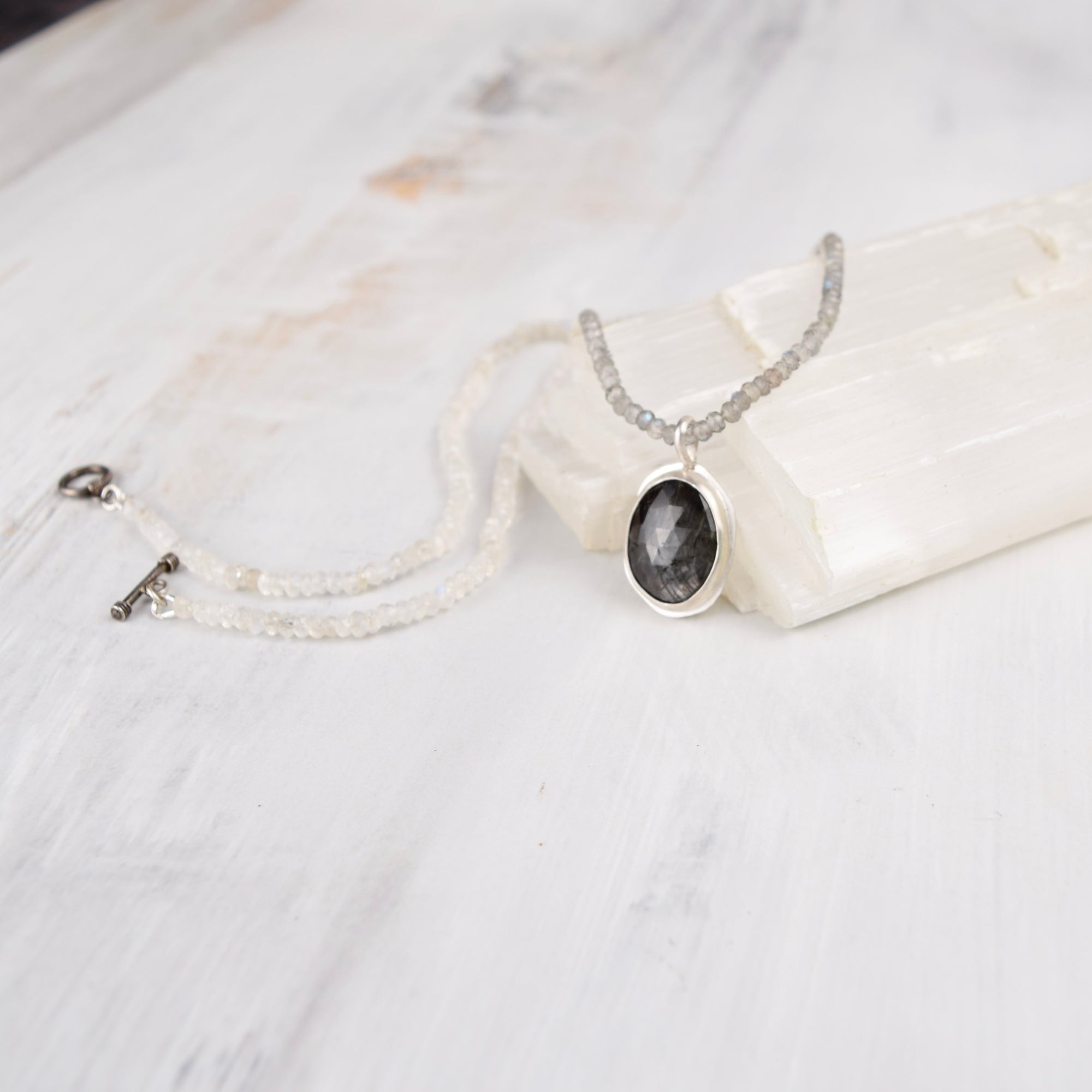 Morning Tide — Grey Sapphire, Ombre Labradorite &amp; Rainbow Moonstone Necklace