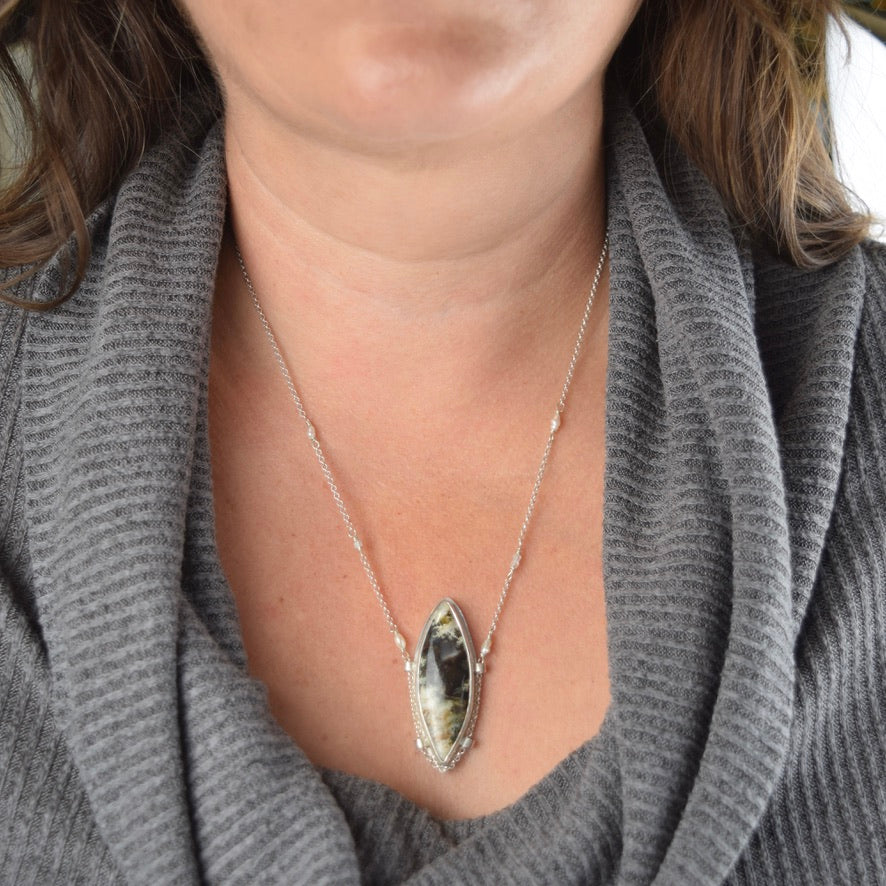 Green Linda Marie Plume Agate Necklace | Suspended Gemstone Pendant | Pearls and Gemstone Beads | One of a Kind | Handmade Sterling Silver