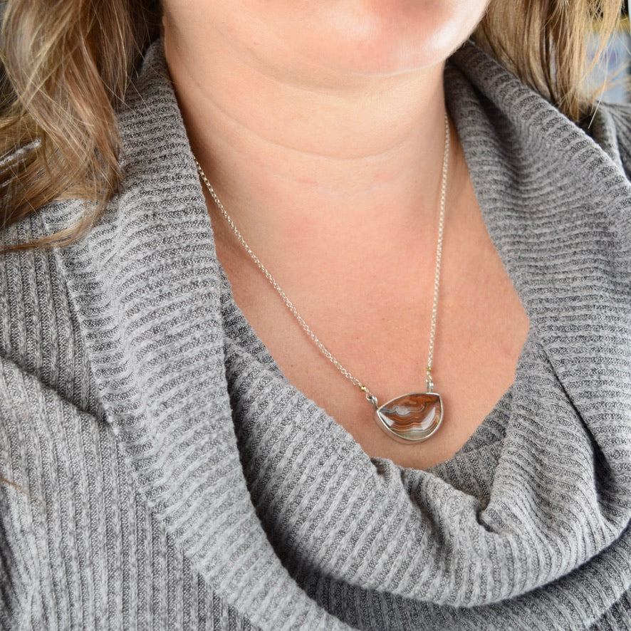 Laguna Lace Agate Necklace | Faceted Brass Beads | One of a Kind Gemstone Pendant | Handmade Sterling Silver