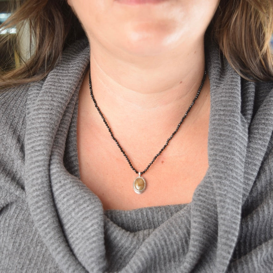 Peach Moonstone Necklace | Black Spinel Beaded Strand on Silk | One of a Kind Gemstone Pendant | Handmade Sterling Silver