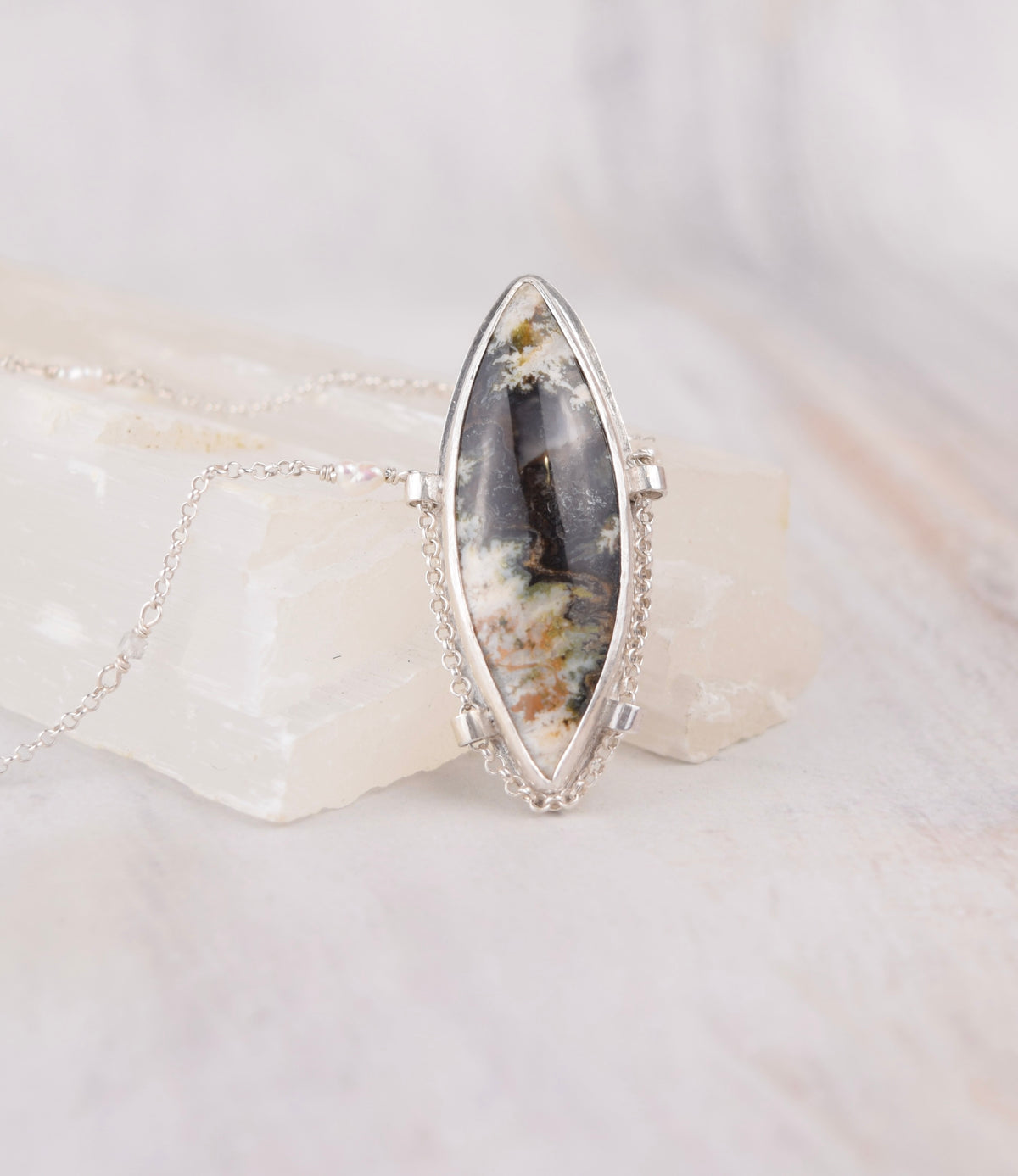 Green Linda Marie Plume Agate Necklace | Suspended Gemstone Pendant | Pearls and Gemstone Beads | One of a Kind | Handmade Sterling Silver