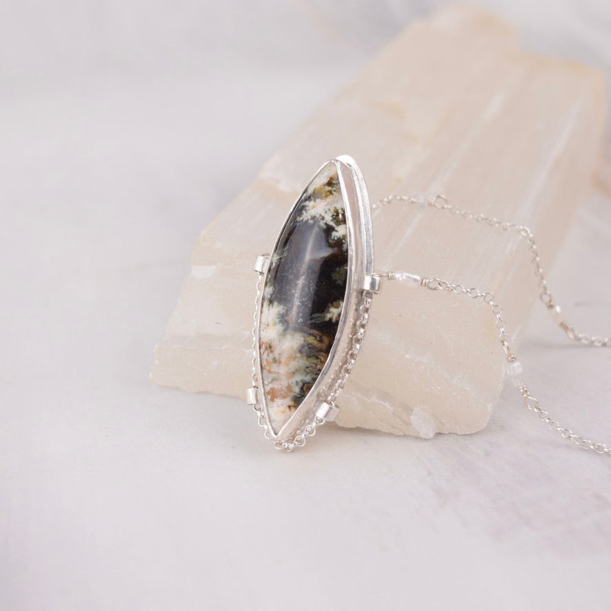 Green Linda Marie Plume Agate Necklace | Suspended Gemstone Pendant | Pearls and Gemstone Beads | One of a Kind | Handmade Sterling Silver