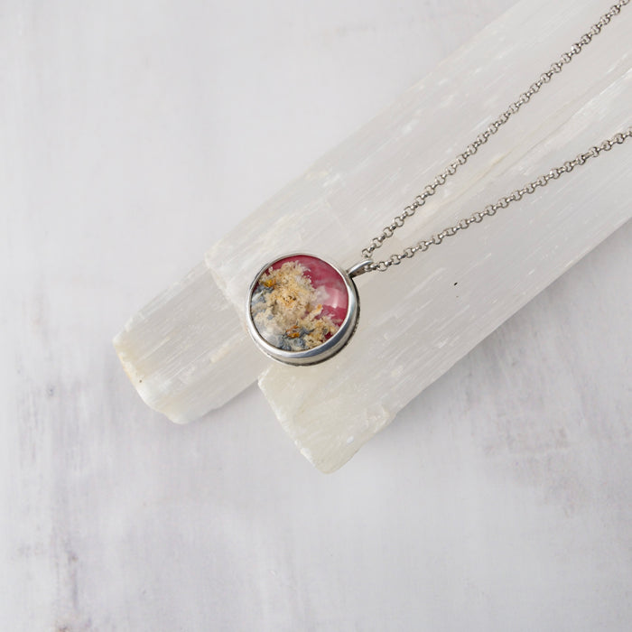 Pink Plume Agate Necklace | One of a Kind Hammered Bezel | Handmade Sterling Silver Gemstone Necklace