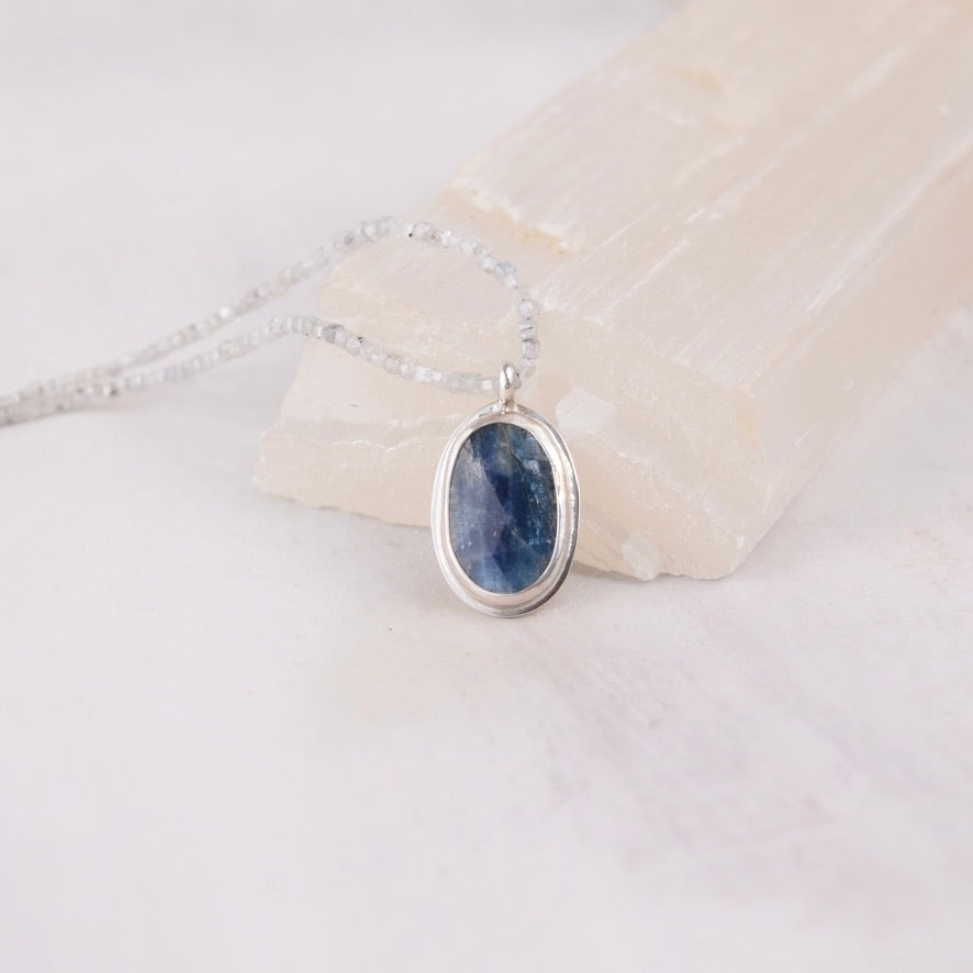 Blue Kyanite Necklace | Oval Gemstone Pendant | Rice Freshwater Pearls | One of a Kind | Handmade Sterling Silver