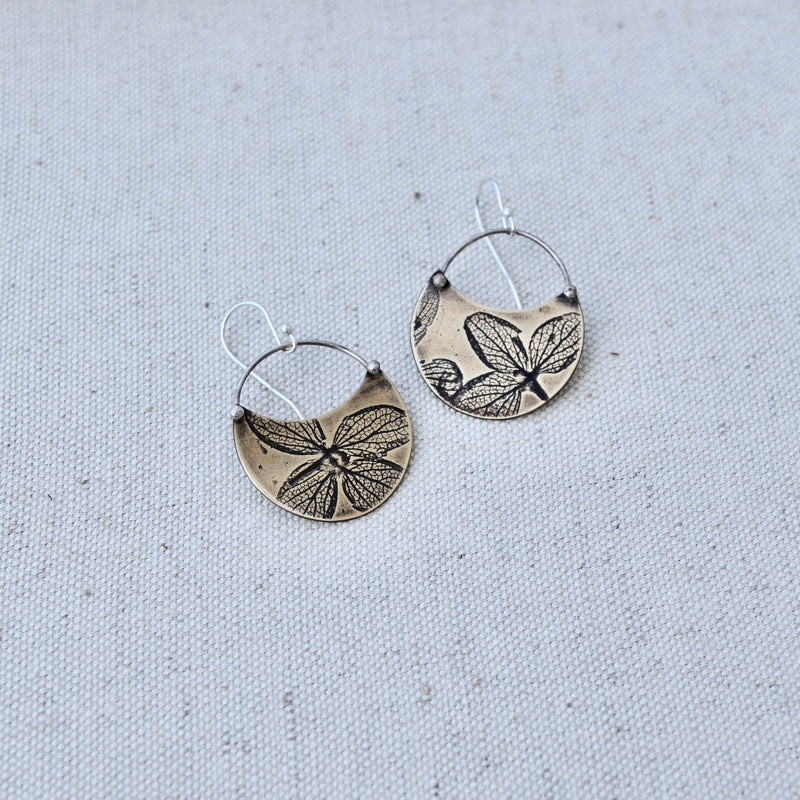 Hydrangea Crescent Earring: Sterling Silver or Brass