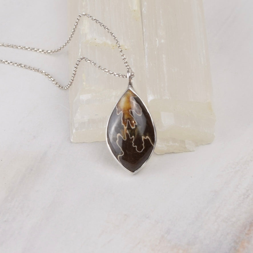 Suture Ammonite Fossil Pendant Necklace | Oak Leaf Pattern | Brown Fossil Jewelry | Handmade Sterling Silver on 18" Sterling Chain