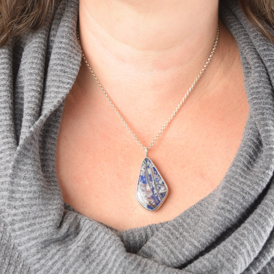 Blue Plume Agate Doublet Necklace | Copper Inclusions | One of a Kind Gemstone Pendant | Handmade Sterling Silver