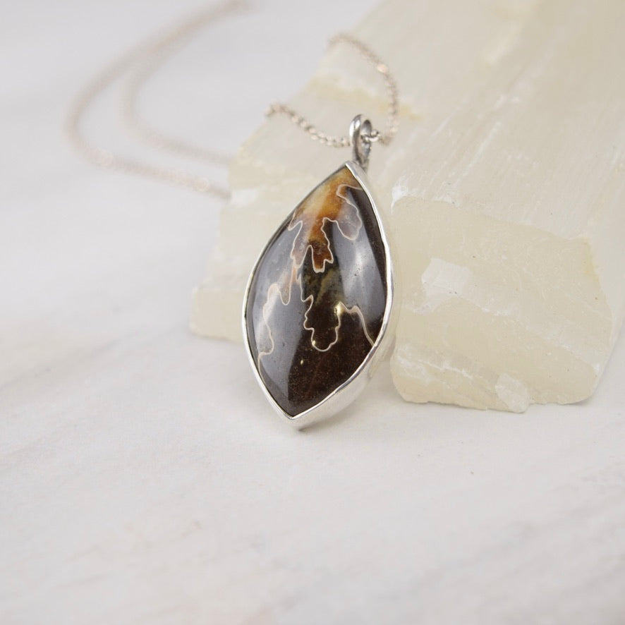 Suture Ammonite Fossil Pendant Necklace | Oak Leaf Pattern | Brown Fossil Jewelry | Handmade Sterling Silver on 18" Sterling Chain