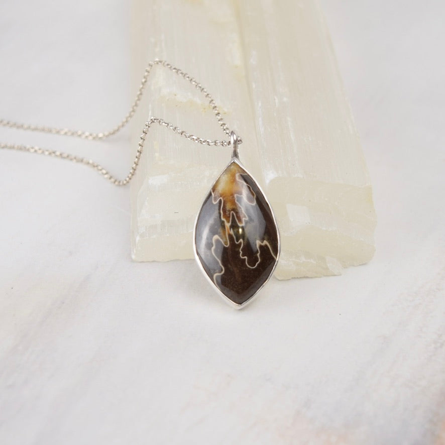 Suture Ammonite Fossil Pendant Necklace | Oak Leaf Pattern | Brown Fossil Jewelry | Handmade Sterling Silver on 18" Sterling Chain