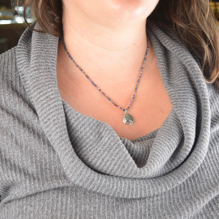 Specular Hematite Necklace | Ruby and Sapphire Beads on Silk | One of a Kind Gemstone Pendant | Handmade Sterling Silver