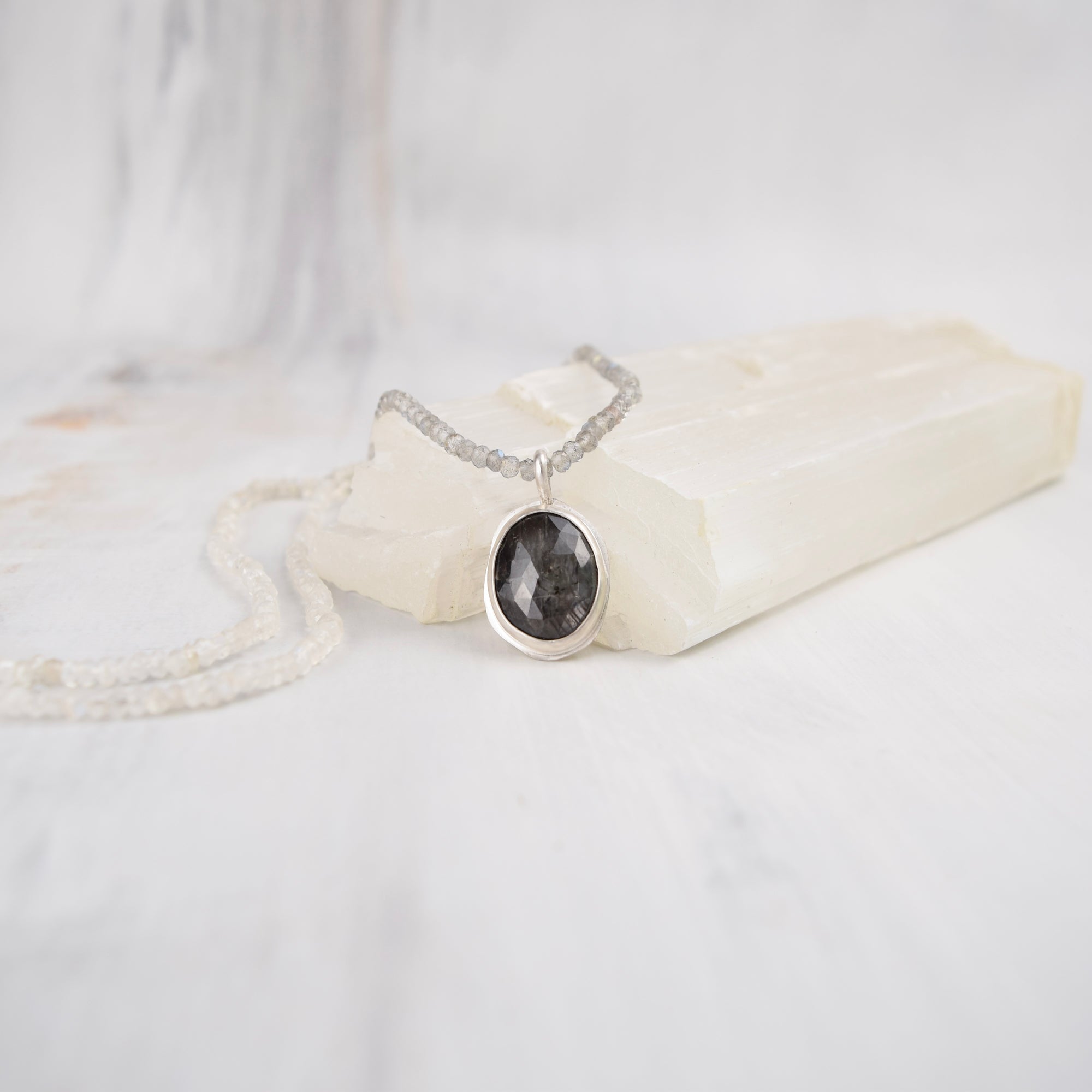 Morning Tide — Grey Sapphire, Ombre Labradorite &amp; Rainbow Moonstone Necklace