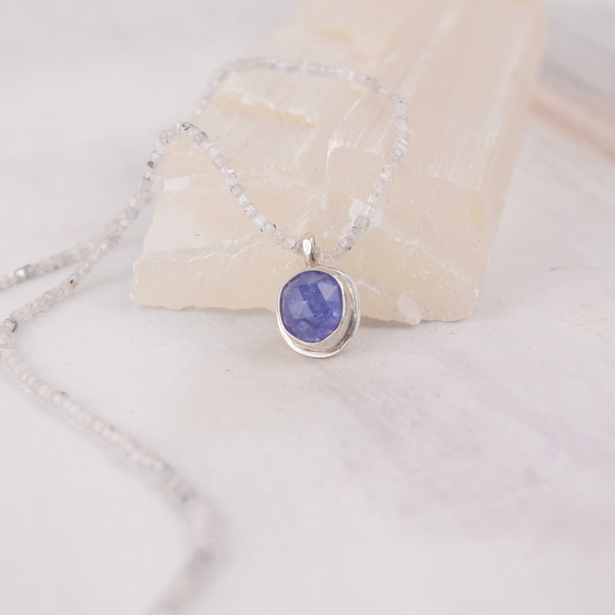 Light Purple Tanzanite Necklace | High Dome Gemstone Pendant | Sparkling Zircon Strand on Silk | One of a Kind | Handmade Sterling Silver