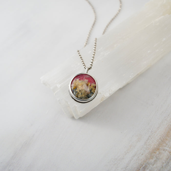 Pink Plume Agate Necklace | One of a Kind Hammered Bezel | Handmade Sterling Silver Gemstone Necklace