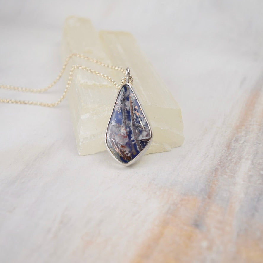 Blue Plume Agate Doublet Necklace | Copper Inclusions | One of a Kind Gemstone Pendant | Handmade Sterling Silver