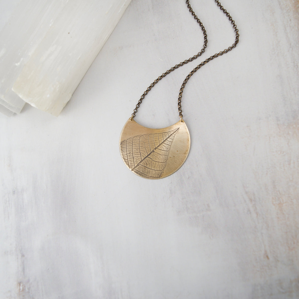 Crescent Leaf Necklace, Sterling Silver or Brass Botanical Pendant, Handmade Nature Jewelry