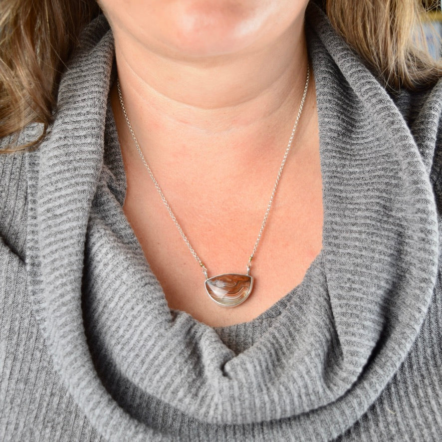 Laguna Lace Agate Necklace | Faceted Brass Beads | One of a Kind Gemstone Pendant | Handmade Sterling Silver