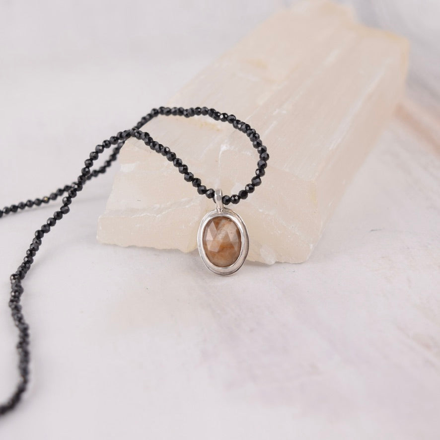 Peach Moonstone Necklace | Black Spinel Beaded Strand on Silk | One of a Kind Gemstone Pendant | Handmade Sterling Silver